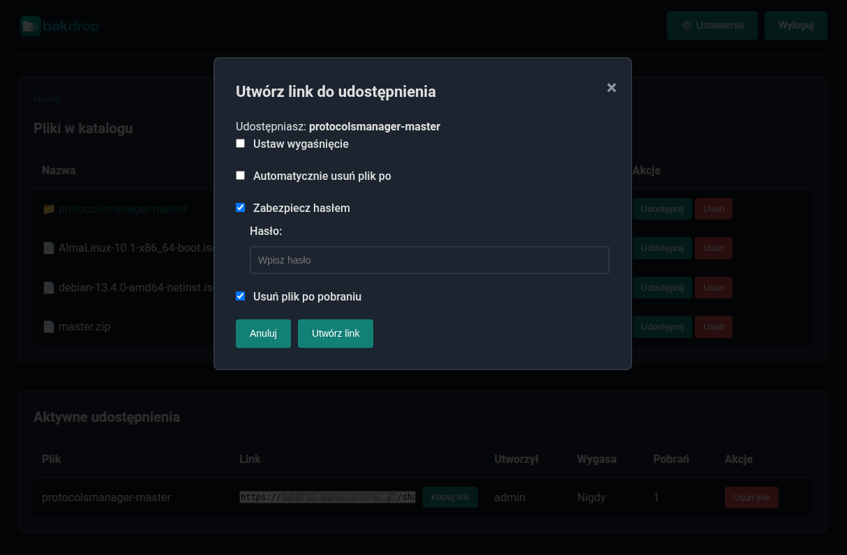 Ekran udostępniania pliku w programie Bakdrop z różnymi opcjami